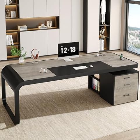 Itaar 70.9" Executive Desk, Large Computer Desk with Drawers and Lateral File Cabinet, Office Desk with Removable Shelves, Business Furniture Desk Workstation for Home Office, Gray Cover