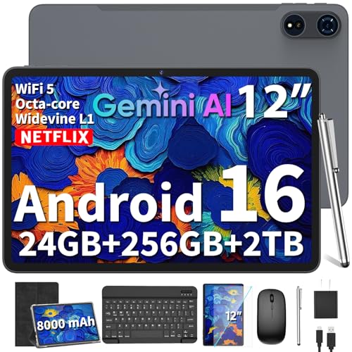2026 12 Inch Large Tablet, Android 16 Tablet with Keyboard, 24GB+256GB+2TB Expand, Tablets PC with 2K Gemini AI, 8000mAh, Octa-Core, 16+8MP, 2 in 1 Tablets with Case, Mouse, Stylus (Black Case)