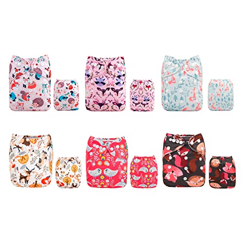 ALVABABY 6 Pack Cloth Diaper with 12 Inserts One Size Adjustable Washable Reusable Diaper Cover for Baby Girls and Boys
