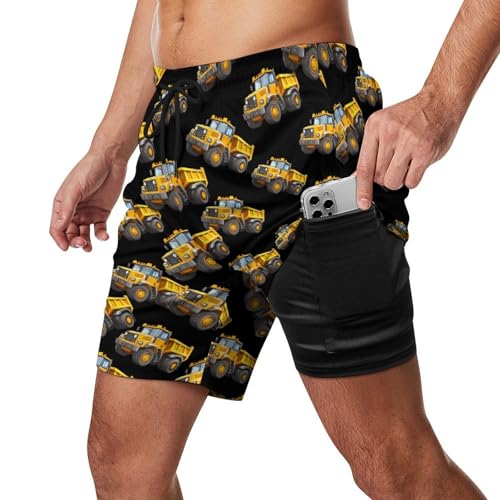Construction Truck Mens Swim Trunks Swimming Board Shorts with Compression Liner Summer Beach Bottom2