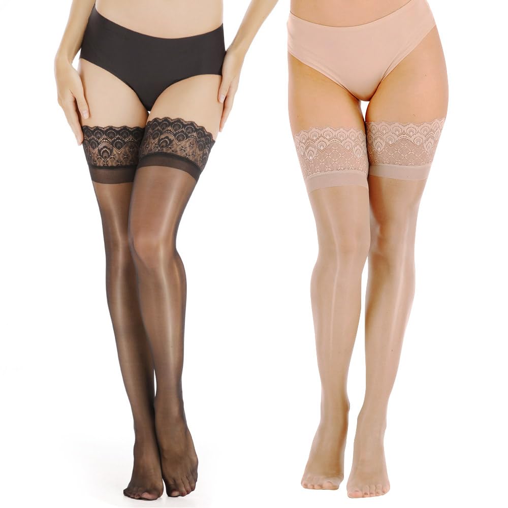 Nylon Shiny Thigh High Stockings,Ultra Shimmery Lace Silicone Sheer Tights,Stay Up lingerie Pantyhose for Women