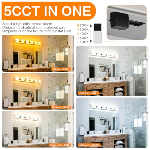 Image of SOLFART 6-Light Bathroom Vanity Lights Above Mirror, Chrome Light Fixtures for Bathroom, LED Vanity Lighting,5 Color Temperature Adjustable,Bath Lighting Fixture Nickel