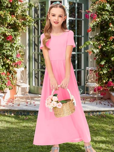 Image of Deerose Girls Maxi Dress Short Sleeve Casual Long Dresses with Pockets 5-14 Years