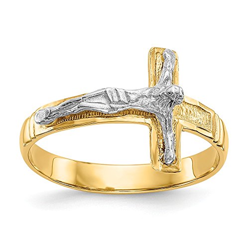 Solid 14k Gold Two-Tone Polished & Diamond-Cut Mens Crucifix Cross Ring (3mm)