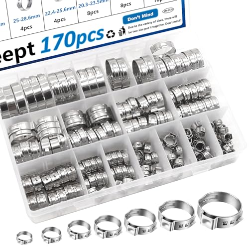 Seept 170Pcs 13 Sizes 304 Stainless Steel Single Ear Hose Clamps 5.3-31.6mm Crimp Hose Clamps Assortment Kit Perfect for Automotive/Home Appliance/Water Pipe and Fuel Line