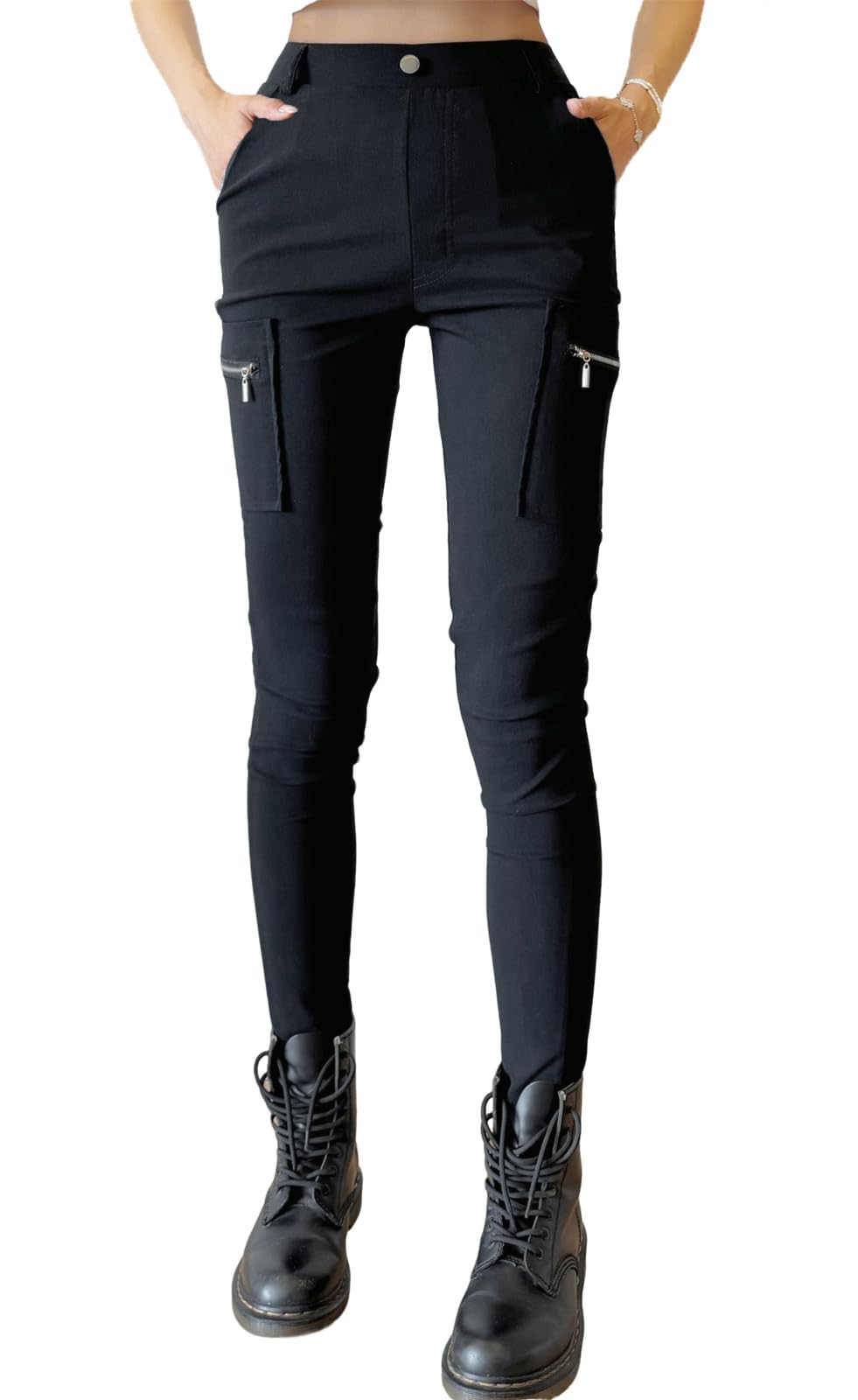 Nuofengkudu Slim Fit Damen Cargo Hose High Waist Stretch Pull On Skinny Leggings Belt Loops Streetwear Alltag