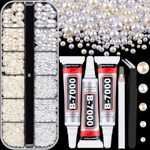 Image of Flatback Pearls for Crafting with 3Pcs 10ml B7000 Jewelry Glue, 1 Box of Half Round Beige and White Pearls, Bedazzling Beads for DIY Crafts Clothing Tumblers Shoes Embellishment Nail Art