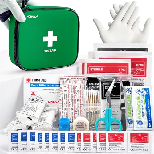 HONYAO Mini First Aid Kit 125 Pcs, Portable Survival Kits, Emergency Compact First Aid Bag - Safety Essentials for Travel Camping Car Home Office Workplace Kids Hiking Motorbike Holiday Cycling