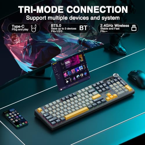 AULA F108 Pro Wireless Gaming Keyboard,Full Size Mechanical Keyboards with Display&Knob,2.4G/BT5.0/USB-C,Five Layers Filling,8000mAh,RGB,Creamy Sound,Hot Swappable Custom Keyboard (Grey&Yellow) - Image 4