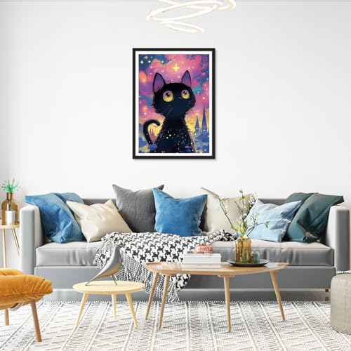 Image of HEIBAGO Starry Night Cat Diamond Art Kits for Adults, Animal Diamond Painting Kits for Adults Beginners, 5D Full Drill Round Diamond Art Painting,DIY Diamond Dots for Adult for Home Wall Decor 12x16In