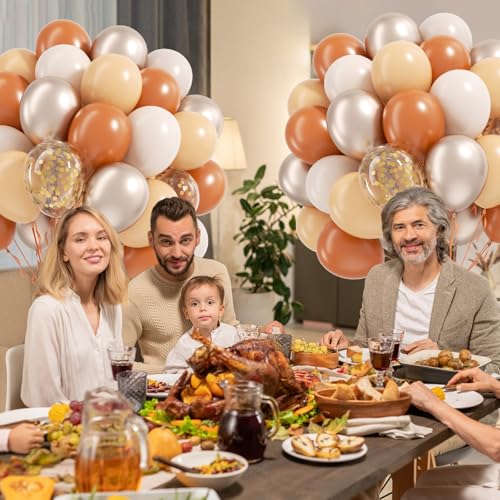 Image of 60pcs Fall Balloons 12inch, Thanksgiving Balloons with Burnt Orange Nude Sand White Metallic Gold Confetti Balloon for Fall Thanksgiving Baby Shower Bridal Birthday Party Decorations