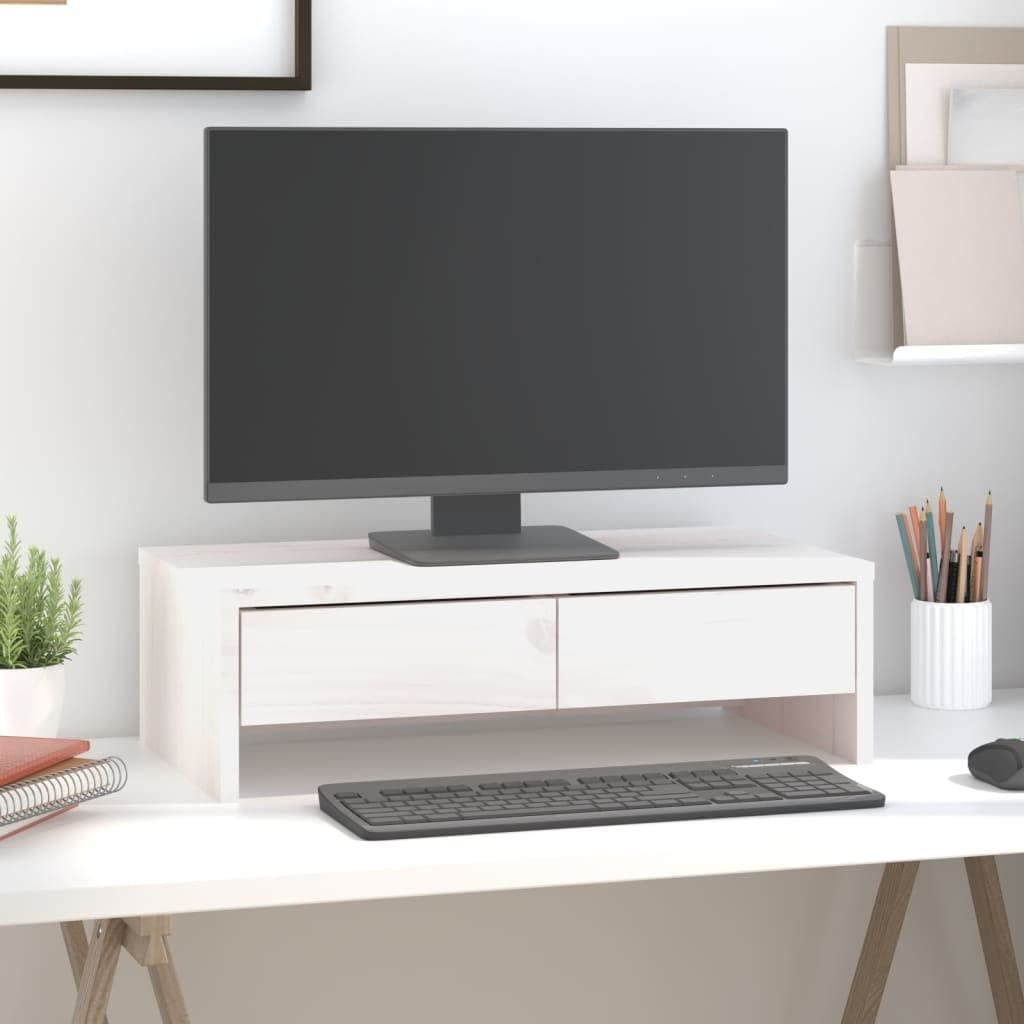 Supporto per monitor in legno massello, bianco, 50 x 27 x 15 cm, in legno di pino per home office ergonomico, regolabile in altezza, con spazio portaoggetti, ideale per computer, laptop, PC