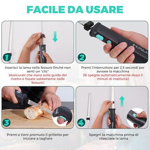 HAUSHOF Coltello Elettrico a Batteria con Coltello da Pane 18cm, Coltello da Bistecca 20cm e Forchetta, Coltello da Cucina Batteria 2000mAh, Ideale per Affettare Cotolette, Pane, Formaggio - Nero - immagine 5