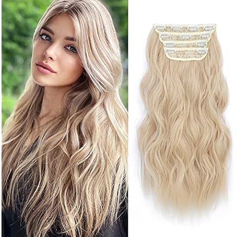 Hair Extensions Clip in 4pcs Bleach blonde Hair Extension Long Wavy Full Head Clip in Hair Extension Synthetic Fiber Hair Pieces for Women Cover