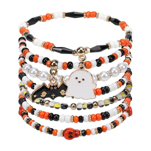 Halloween Bracelets for Women Boo Pumpkin Skull Ghosts Stretchy Beaded Bracelets Spooky Skeleton Bat Cat Stackable Bracelet Bracelet Jewelry