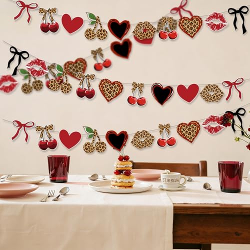 Image of Cheetah Cherry Birthday Party Decorations Leopard Hanging Banner Decor Red and Black Cheetah Cherry Print Pattern Card Banner Safari Animal Birthday Party Decorations Sulpplies for Women Girls