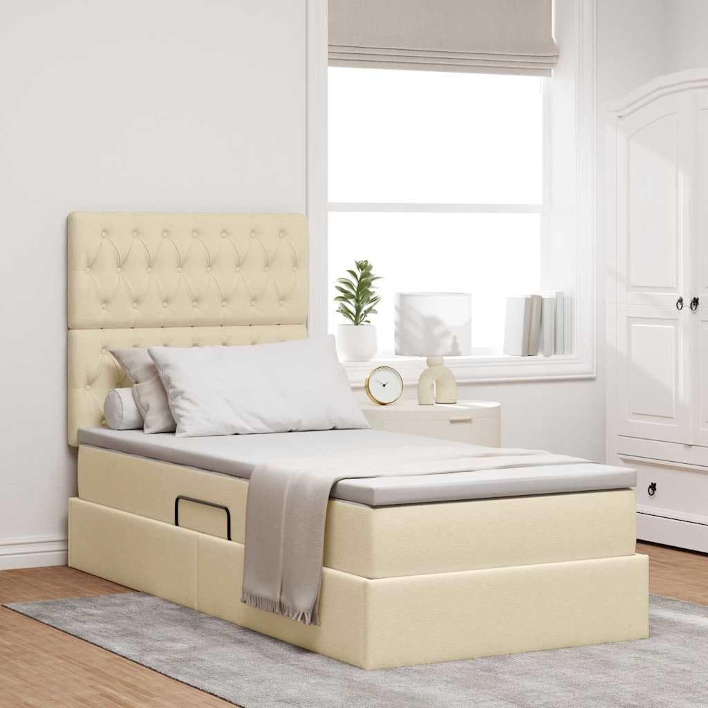 Cama de piel sintética con espacio de almacenamiento, cama elevadora lateral 90 x 190 cm, color crema, poliéster, incluye colchón y mecanismo de elevación hidráulica, altura de la cama de 48,5