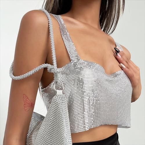 PartyArt Women's Sparkly Rhinestone Top ， Sexy Metallic Sleeveless Trendy Spaghetti Strap Tube Vest Rave Party Clubwear3
