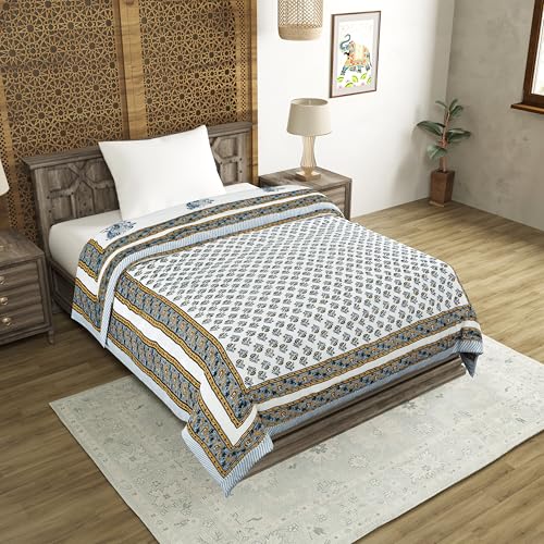 Image of BLOCKS OF INDIA Cotton Single Size Quilt Hand Block Print for Light Winters (60x90 Inches) (Grey Yellow BUTI 1)-300 TC