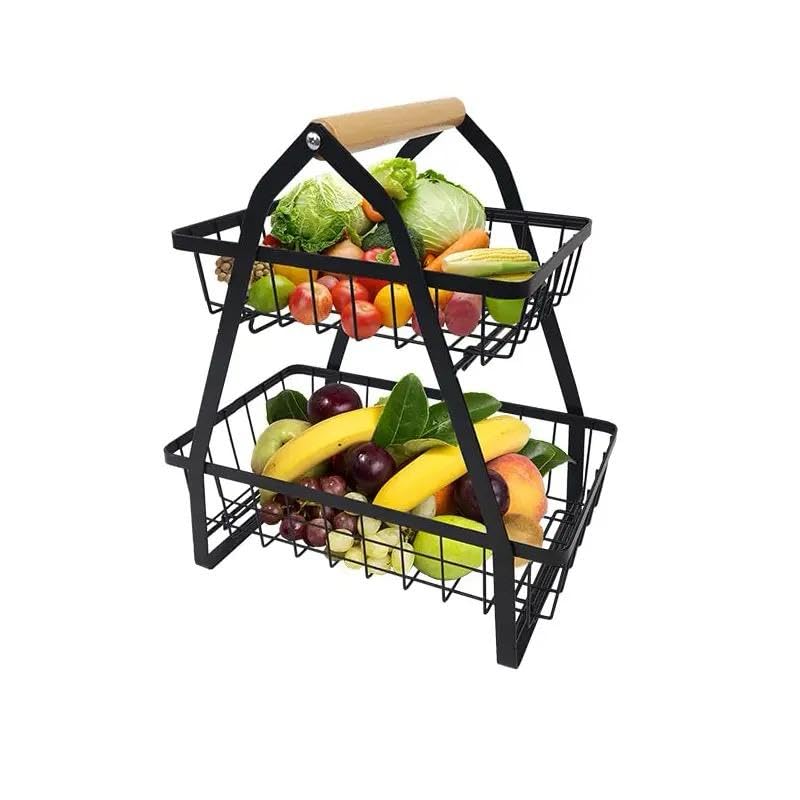 2-Tier Countertop Fruit Basket Storage, Vegetable Rack Bread Display Stand for Kitchen, Black