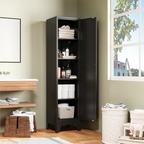 Image of COFaR 67 inch Metal Pantry Cabinet, Black Storage Cabinet with Magnetic Door & 4 Adjustable Shelves, Slim Freestanding Cupboard for Office, Kitchen, Bathroom
