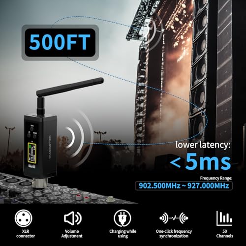Transmisor inalámbrico UHF XLR con 1 transmisor y 4 receptores, antenas duales, 902-927MHz, rango de 500 pies, 50 canales, Auto-Scan, adaptador inalámbrico para micrófono dinámico miniatura 2