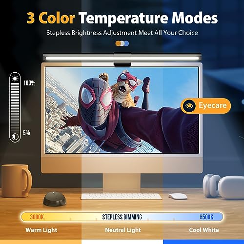 Image of Computer Monitor Light,Screen Monitor Light Bar with Backlight for Eye Caring,E-Reading LED Task Lamp with Color /Dimming Adjustment,Remote Control,No Screen Glare Space Saving Home Office Lamp