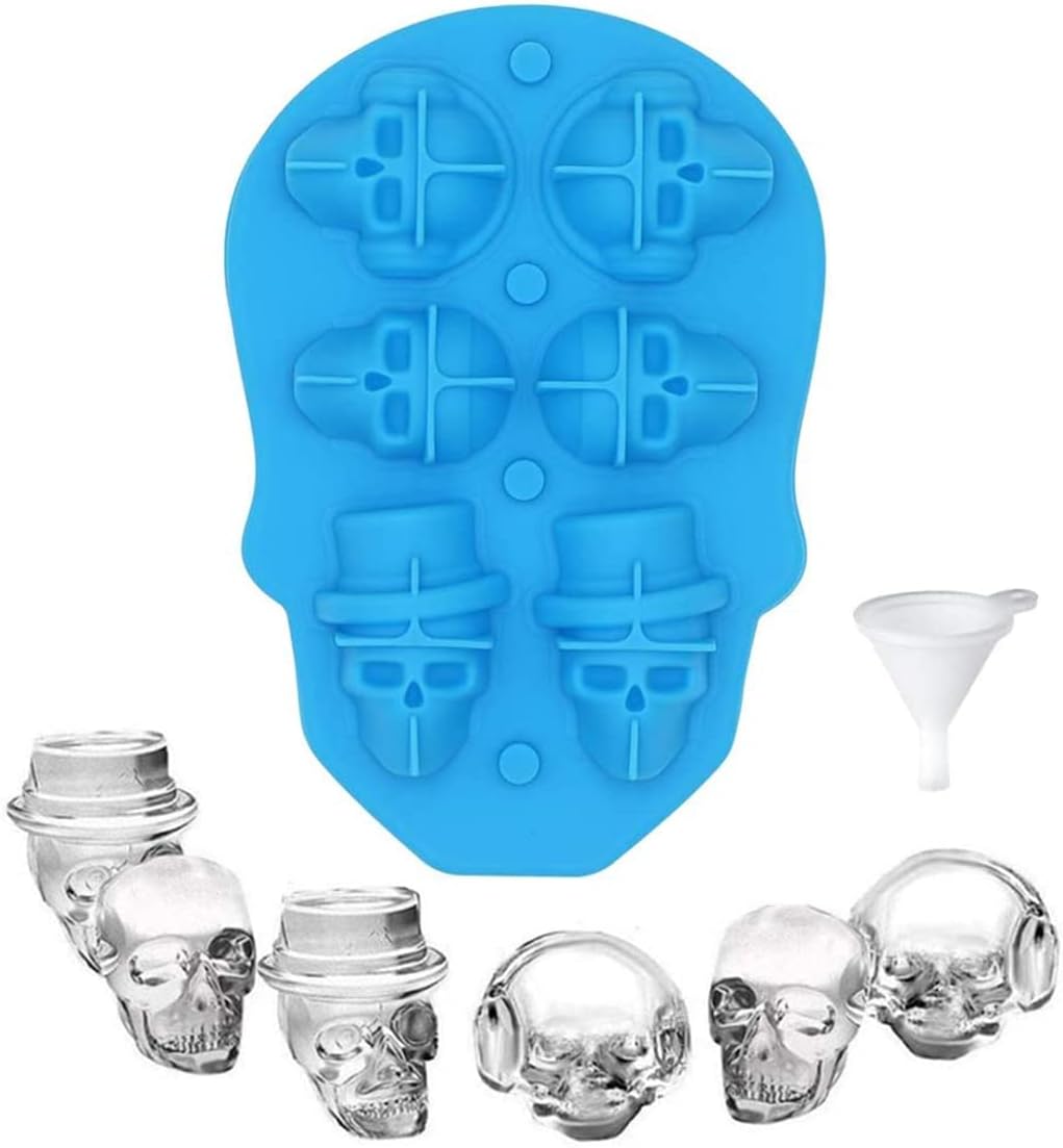 3D Skull Ice Mold Tray - Flexible Silicone Ice Cubes Maker with Lids for Juice Beverages, Reusable and BPA Free, Makes 6 Cute Giant Skulls in 1 and with a funnel (Blue)