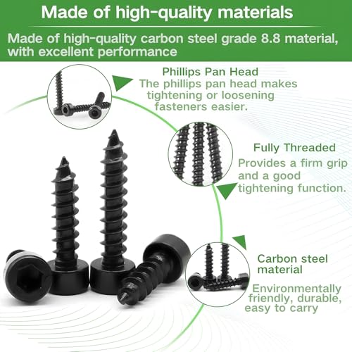 480Pcs M2 Hex Socket Cap Head Self Tapping Screws M2x4/5/6/8/10/12/14/16mm Black Socket Self Drilling Screw Allen Head Sheet Metal Bolts Hex Drive Wood Screws Assortment Kit