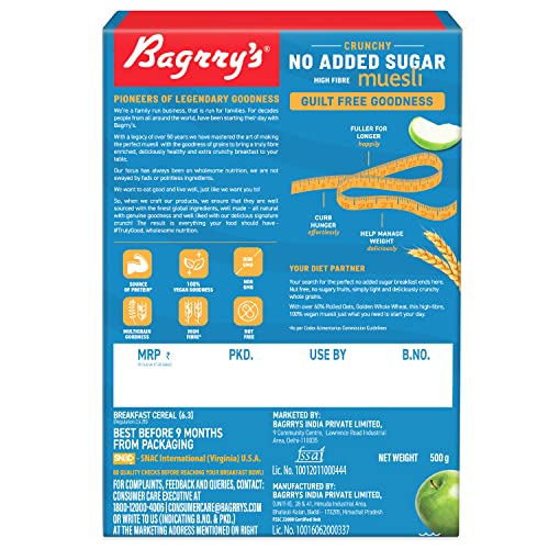 Image of Bagrry's Crunchy Muesli No Added Sugar 0%| 90% Multi Grains | 60% Fibre Rich Oats with Bran | Whole Grain Breakfast Cereal | Helps Manage Weight | Vegan and Plant Based Muesli 500g Box, Pack of 2