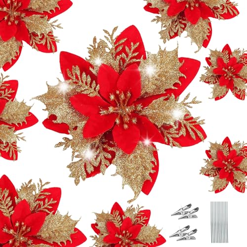 WUBAYI 12 flores decorativas para árvore de Natal com 12 hastes e clipes, flores artificiais da Páscoa com purpurina para árvore de Natal, casamento, Ano Novo, grinalda de Natal, decoração de coroa