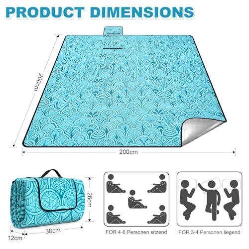 SOMLAW Picknickdecke Wasserdicht 200 x 200 cm, Extra Groß Outdoor Stranddecke mit Wasserdichter Unterseite für 4-6 Personen, XXL Campingdecke mit Tragegriff Ideal für Camping und Wandern (Pfauenblau)