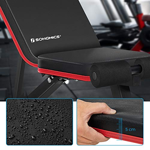SONGMICS Halterbank, trainingsbank, schuine bank, verstelbaar, inklapbaar, 7-traps kantelbare rugleuning, multifunctioneel, voor hometraining, met 2 elastische touwen, halteroefeningen, zwart-rood SWB801R01 - Image 7
