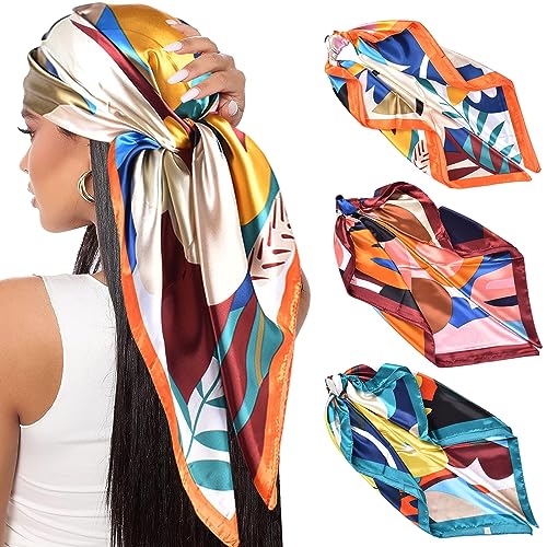 ZYFC 3 Pack Large Square Scarf, Headscarf for Women's Hair, Smooth Satin Scarves, Silk Head Scarf with Classic Patterned for Sleep, Beach or Gift - for Daily Wear, Parties or Decoration- 90 * 90cm