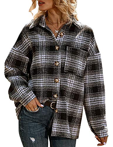 Uaneo Womens Casual Plaid Button Down Long Sleeve Wool Blend Shirt Jacket Shackets (Black, XL)