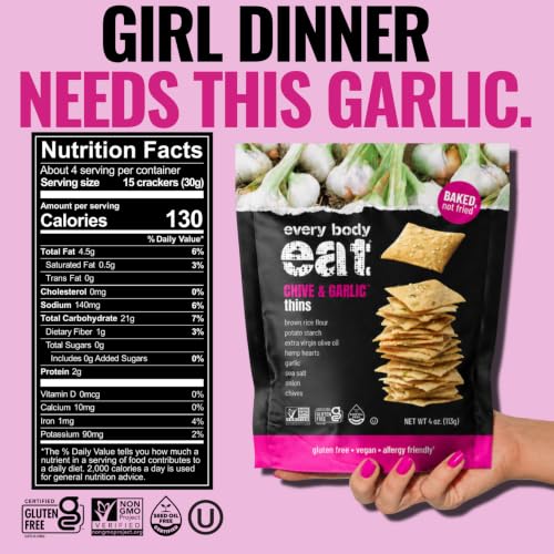 Image of Every Body Eat Gluten Free Crackers, Chive & Garlic - Plant Based Snacks, Vegan Garlic Snack Crackers, Dairy Free, Seed Oil Free (Pack of 6), 4 oz Bags