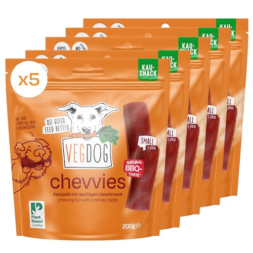 VEGDOG Chevvies hypoallergener Kaustick für Hunde (5 x 200 g) | fettarmer Kauspaß mit natürlichem Raucharoma | Kausnack für Allergiker mit Reismehl und Rote Bete Pulver