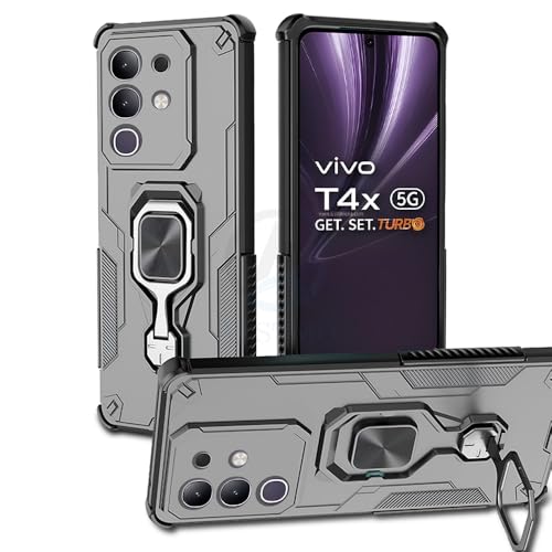 Image of AESTMO Armor Back Cover for Vivo T4X / Z10X / Y31 Pro 5G | Ring Holder & Kickstand & Camera Protection in-Built | 360 Degree Protection Back Case Cover (Black)