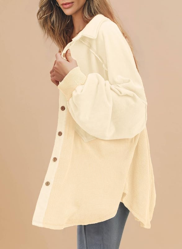 SHEWIN Womens Waffle Knit Shackets Fall Fashion Button Down Shirt Jacket Loose Long Sleeve Tops With Pocket - Image 4