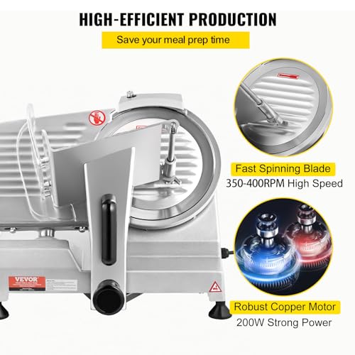 Image of VEVOR Commercial Meat Slicer, 200W Electric Deli Food Slicer, 0-12mm Adjustable Thickness Electric Meat Slicer, 350-400RPM Slicer with 8.7'' Chromium-plated Steel Blade for Home & Commercial Use