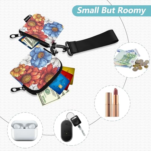 Retro Pattern Daisy Dahlia White Women's Card Cases Change Holder Large Capacity Key Chain Wallet Change Purse with Zipper Coin Pocket for Women Men 2 Pcs2
