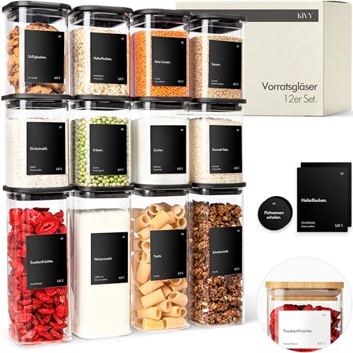 KIVY Vorratsgläser eckig [12er Set] + Etiketten - Stapelbare & Luftdichte Aufbewahrungsgläser mit Deckel - Schwarze Vorratsgläser mit Deckel Luftdicht - Vorratsdosen Glas Aufbewahrung