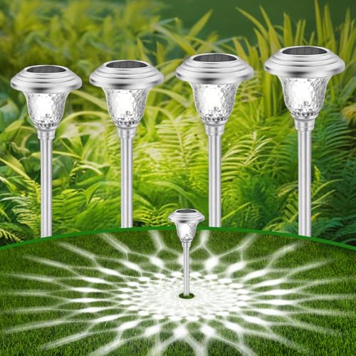 BEAU JARDIN 8 Pack Solar Pathway Lights Outdoor Stainless Steel Lights Solar Powered Waterproof Glass High Lumen Garden Landscape Path Yard Walkway Driveway Outside Color Changing Cool White Silver