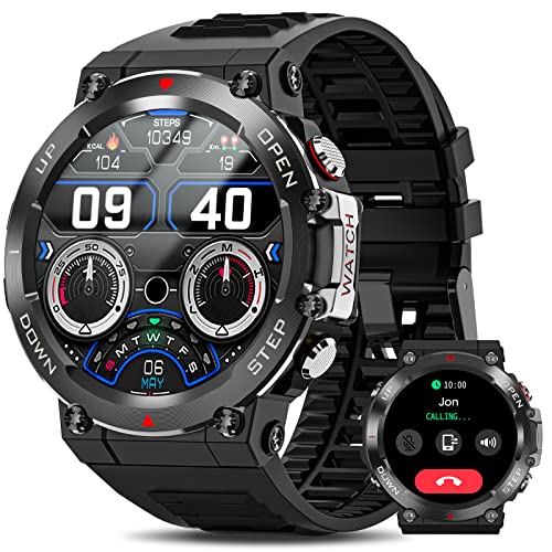 Military Smart Watch Men (Make Call/Answer), 2023 Newest Outdoor Waterproof Smartwatch, Rugged Bluetooth Smart Watch For Android Iphone, Tactical Fitness Tracker With Heart Rate/Ai Voice, Silver Black #TOP11