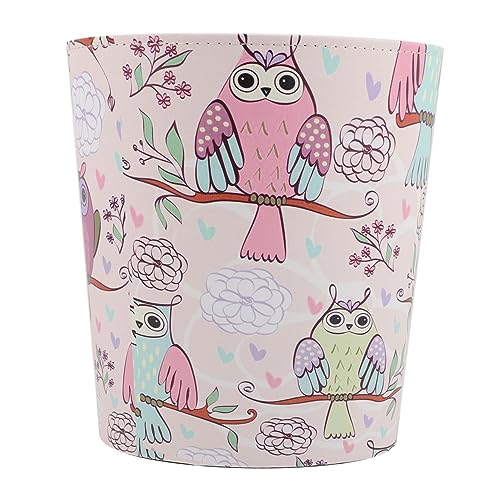 TOPPERFUN Poubelle Domestique Portable Ronde En Cuir Rose Motif Hibou Sans Couvercle Pour Bureau Et Usage Quotidien Seau à Déchets Décoratif Pratique