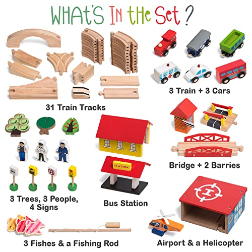 Image of KipiPol Wooden Train Set - 69 Pieces Wooden Train Tracks & Trains for Kids, Toddler Boys and Girls 3,4,5 Years Old and Up- Premium Wood Construction Toys -Fits Thomas, Brio, IKEA, Melissa and Doug