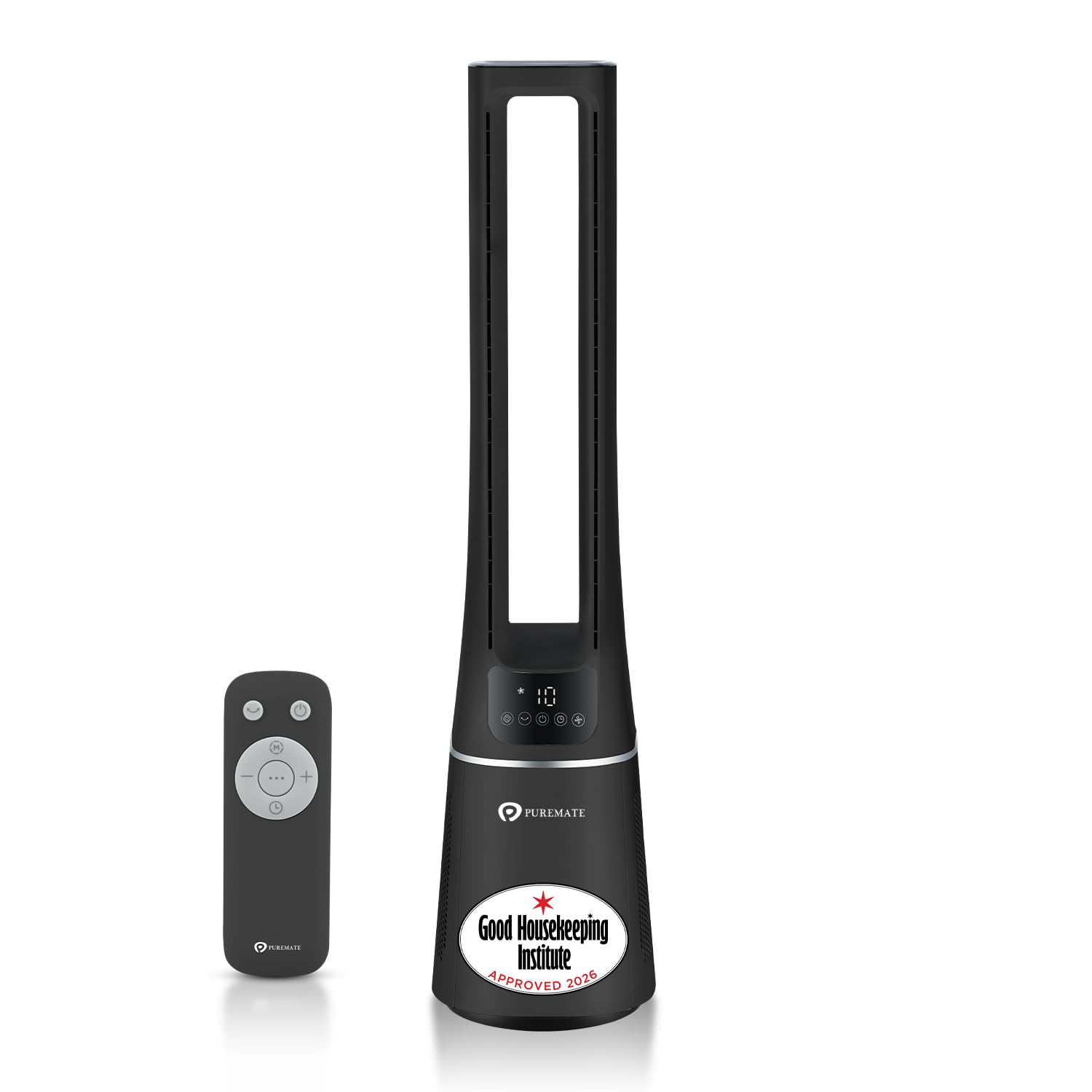 PureMate 2-in-1 Bladeless Tower Fan & air purifier with HEPA Filter, 10 Speed Settings, Portable Ultra Quiet Standing Fan with Remote Control, Digital Display, Powerful Air Cooling for home & office — image 1