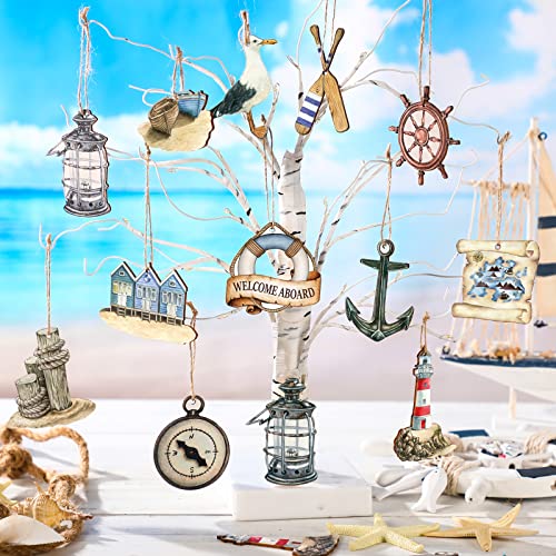36 Pcs Summer Wooden Ornament Summer Tree Decor Nautical Navigation Theme Decor Ornament Watercolor Anchor Lighthouse Seagull Compass Wood Cutouts Beach Summer Decor For Home Hawaiian Luau Party #TOP1