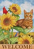 Furiaz Cat Cardinal Sunflower Welcome Spring Decorative Small Garden Flag, Summer Yard Orange Kitty