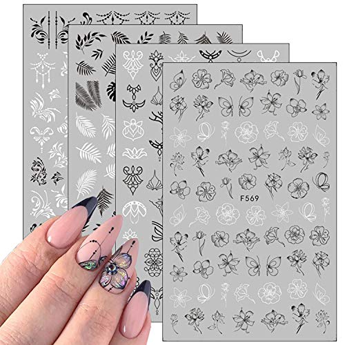 Xjl, 10 Sheets Black White Leaf Flower Line Nail Stickers Decals,3D Self-Adhesive Retro Leaves Flowers Vine Geometry Line Nail Design For Acrylic Nails,Diy Nail Supplies Nail Decoration #TOP1